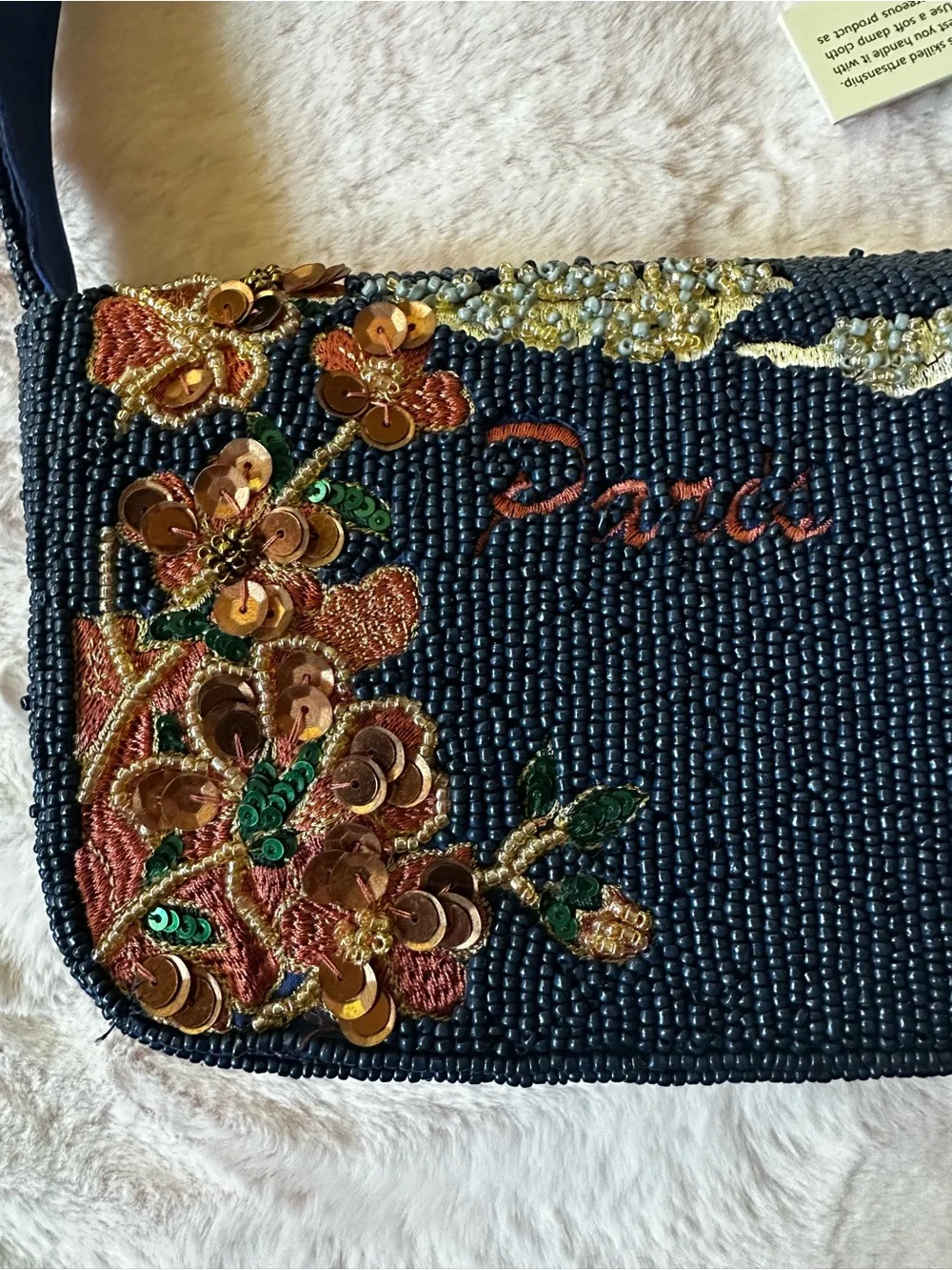 Paris Beaded Navy Shoulder Purse Bag NWT